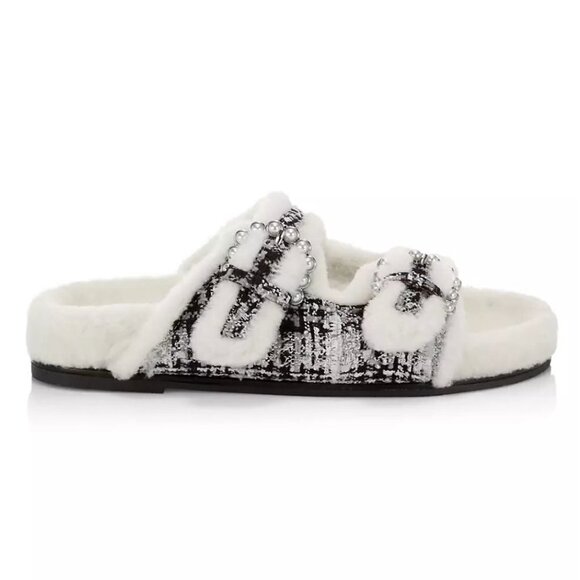 Stuart Weitzman Piper Chill Shearling Lined Tweed Pearl Slides White Black 8 - Picture 1 of 12